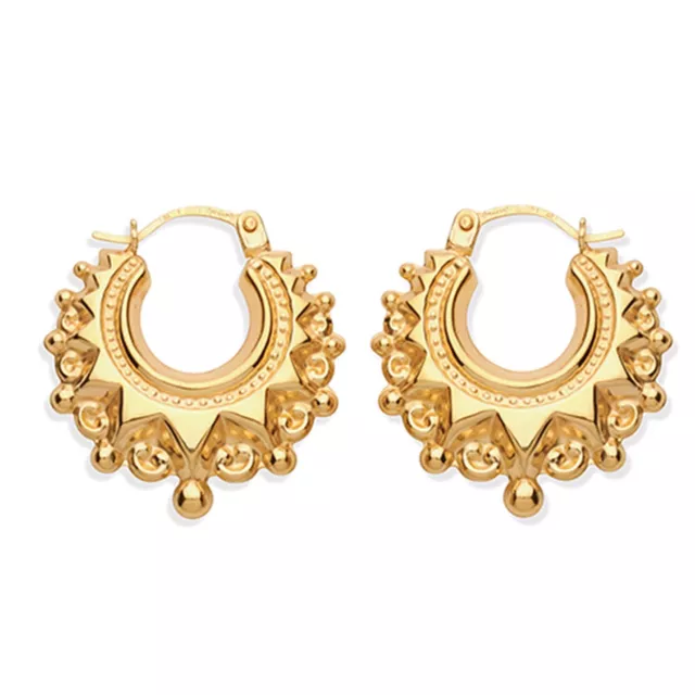 9ct Gold on Silver Victorian Design Spiked Ladies Detailed Creole Hoop Earrings