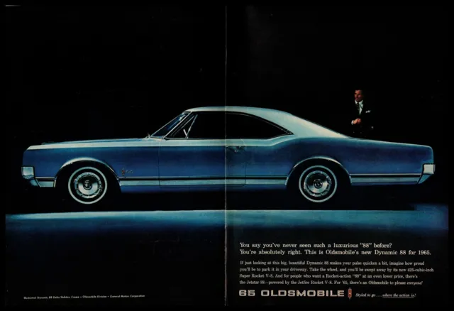 1965 Oldsmobile Delta 88 Holiday Coupe Super Rocket V-8 Engine 2-Page Print Ad