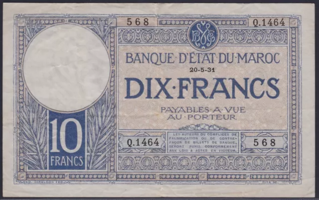 Morocco 10 Francs 1931, VF-, Pick 17a