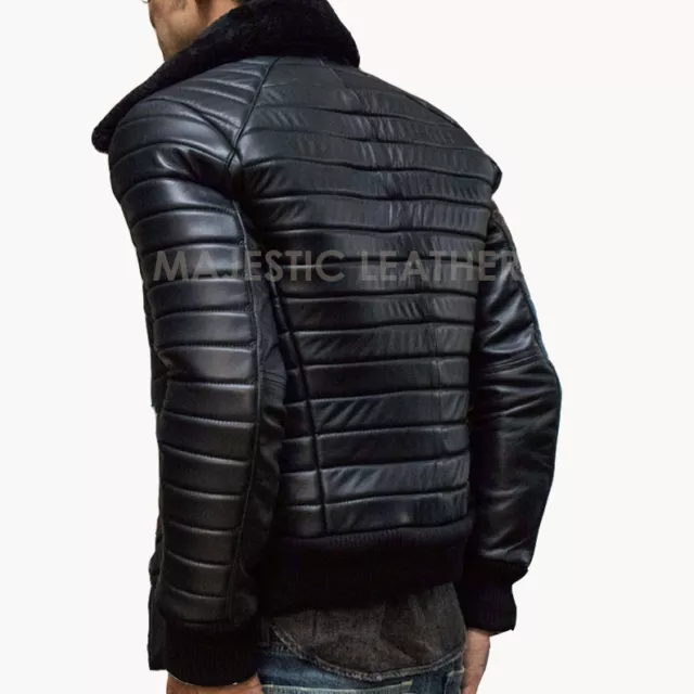 Men's Double Black Puffer Luxury Winter Real Leather Biker Racer Jacket 3