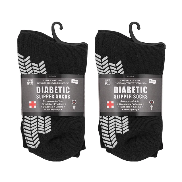 6 Pairs Diabetic Men's & Women Non Skid Crew Slipper Socks Size 9-11 Color Black