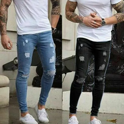 Mens Fashion Denim Slim Fit Super Stretch Skinny Jeans Casual Freyed Long Pants