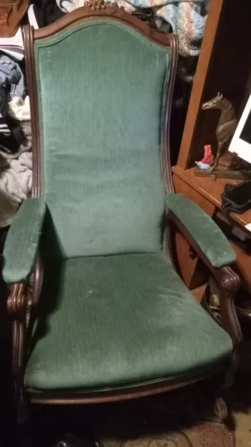 Late 19th century hand-carved wooden  rocking Chair green velvet