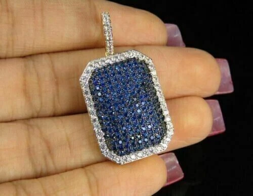 14K Yellow Gold Plated 2Ct Round Lab-Created Blue Sapphire Men's Dog Tag Pendant