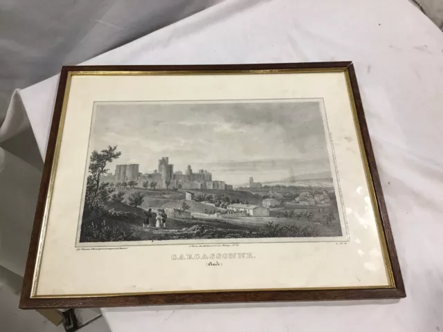 Vue Ancienne De Carcassonne Aude D’aprés Lithographie De Chapuis Sous Verre 2