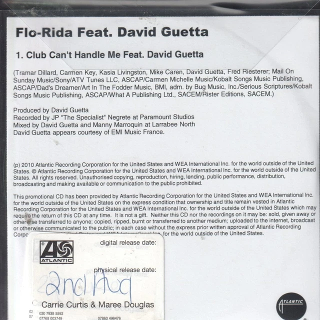 FLO RIDA FEATURING David Guetta Club Can't Handle Me CDr UK Atlantic ...