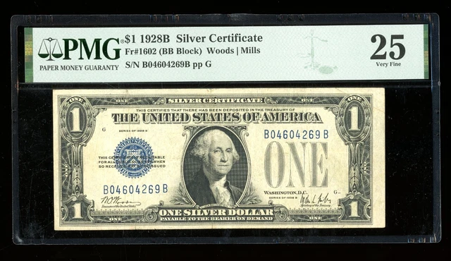 DBR 1928-B $1 Silver Funnyback Fr. 1602 BB Block PMG 25 Serial B04604269B