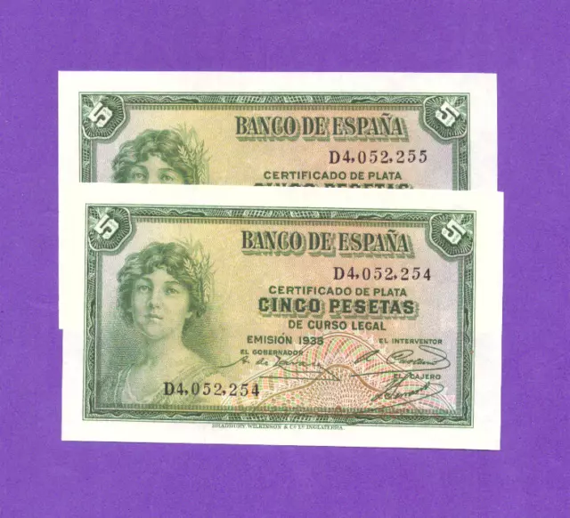 Spaiin-Banknote    Rare  Consecutive Pair  -  5   Pesetas  1935 -  Unc/Gem