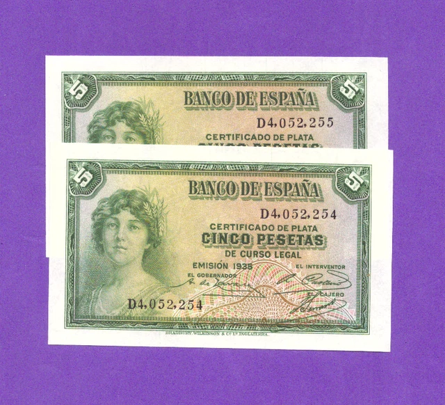 Spaiin-Banknote    Rare  Consecutive Pair  -  5   Pesetas  1935 -  Unc/Gem