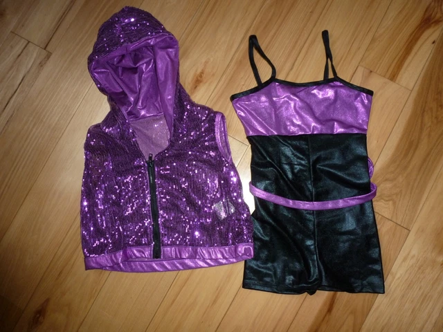 Wild Berry & Black Unitard with Sequined Hoodie Zip LC 10-12 Dance Costume BNWOT