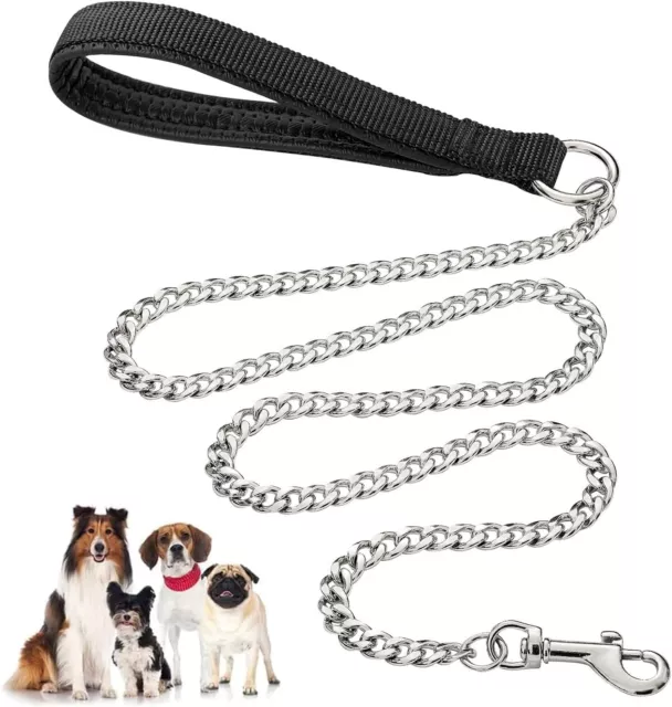 Heavy Duty Metal Dog Leash, 4 FT Chew Proof Pet Leash Chain, Soft Padded Handle