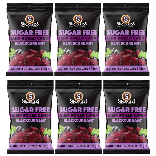 909445 6 x 70g SUGARLESS CONFECTIONERY SUGAR FREE HARD BOILED BLACKCURRANT AURA