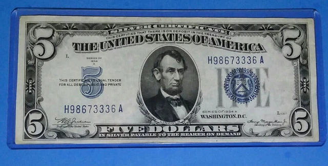 *1934-A ! $5 Silver Certificate! VF. CIRC.! OLD US CURRENCY! NICE !