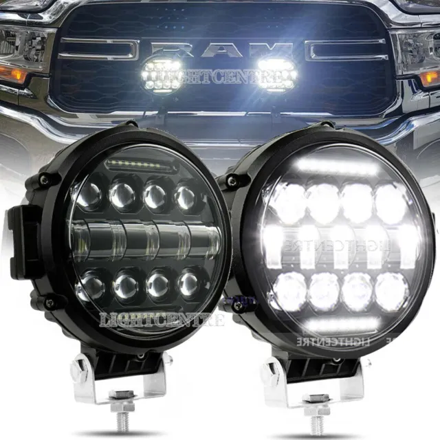 Pair 7Inch Round LED Work Light Spot Combo Lamp DRL Driving Reserve Offroad 4x4