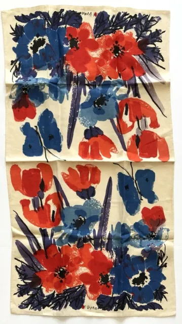 Vintage Vera Neumann Linen Kitchen Tea Towel Blue Red Flowers Butterflies