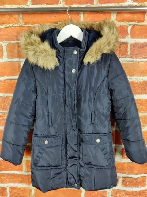 Girls Jasper Conran Navy Padded Coat Jacket Age 7-8 Years Fur Trim Hood 128Cm