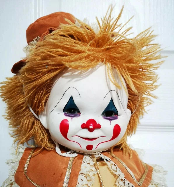 Poupée Ancienne Clown - Lilliputiens - Vert, Rouge Rayé, Laine Et Tissu, Vintage