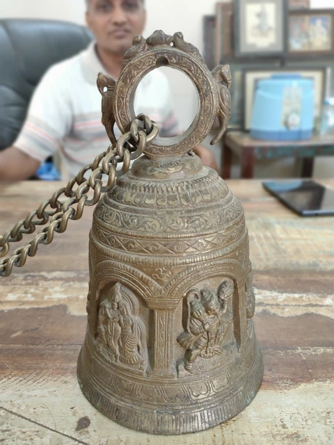 Old Brass Bell Hindu God Ganesha Shiva Krishna Carved Goddess Durga Carved Bell