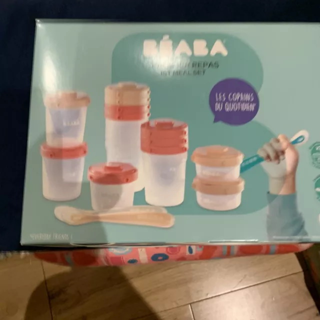 BEABA Silicone 1st Meal Set (Pink) - 12 portion containers with lids & 2 spoons