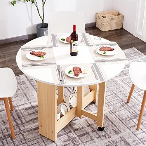 Round Drop-Leaf Folding Dining Table, Multifunctional Convertible Dining Room