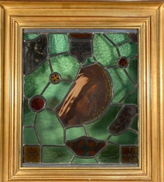 Antique Stained Glass Composition Vierge De Profil Wood Gild Frame Rare Old 20th