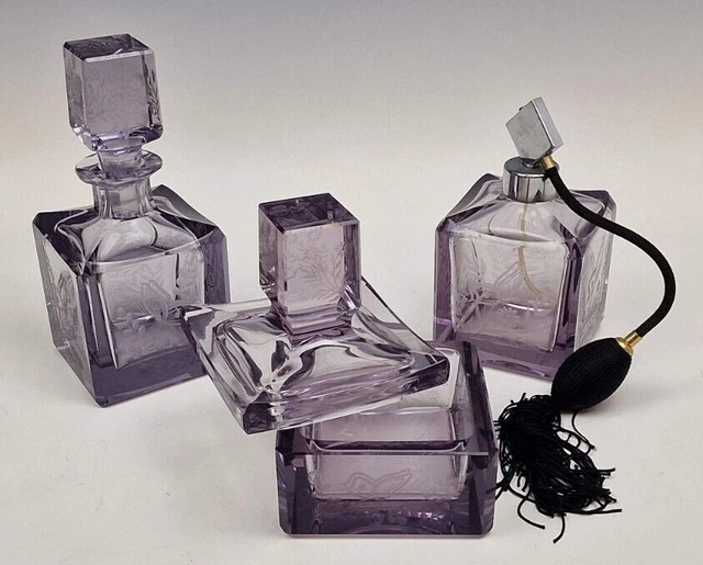 3 piece engraved butterflies Bohemian vintage mauve glass vanity set 1930s 1950s