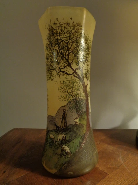 Vase Art Déco Legras – Verre Rose Émaillé – Cœurs De Marie Et Fleurs – 35cm