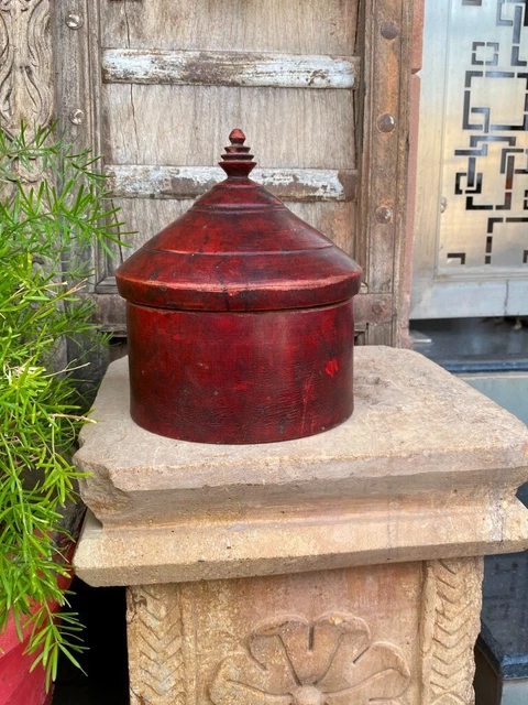 Ancient Old Original Wooden Hand Carved Lacquer Painted Tika Box Lacquer Box