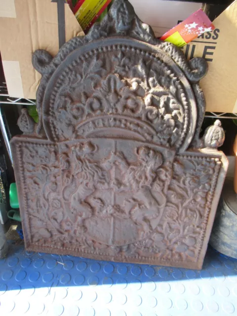 Antique Cast Iron Fire Back Plate lions & crown