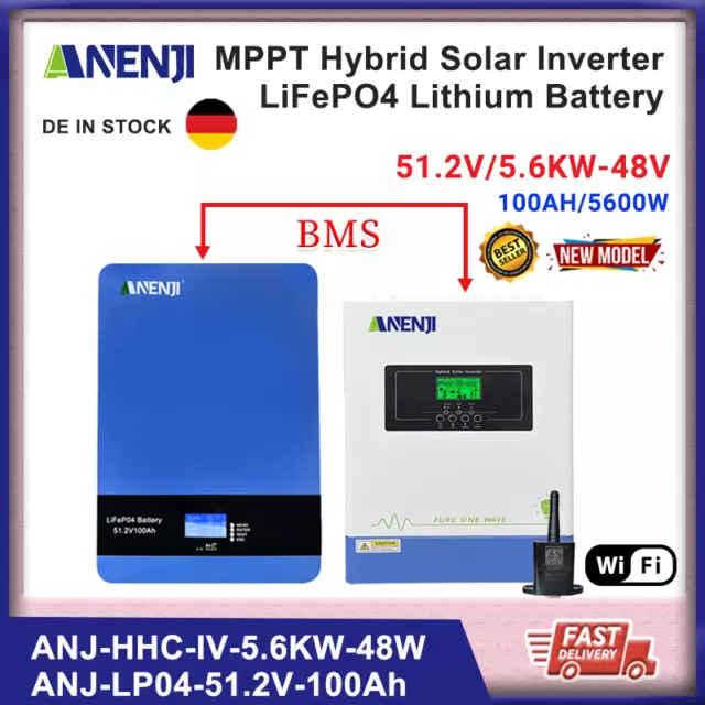 5600W Ibrido Inverter Solare MPPT Off Grid con 5kWH 51.2V 100A LiFePo4 Batteria