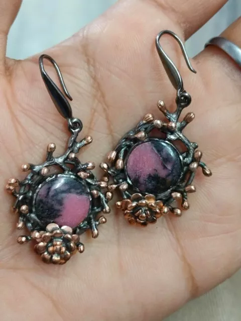 Pendientes de rodonita colgantes de plata de ley 925, joyería oxidada...