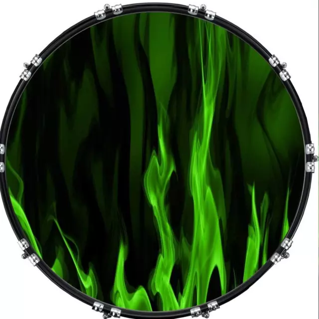 Custom 22" Kick Bass Drum Head Graphical Image Front Skin Fire Licks Green