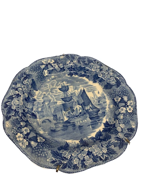 Originale Antico Piatto Inglese Bianco E Blu Wedgwood Etichetta Antiquario