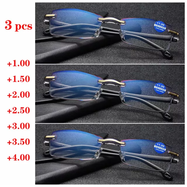 3 pack Rimless Reading Glasses Black Plastic Frame +1.00 +1.50 +2.00 +3.00 +4.00