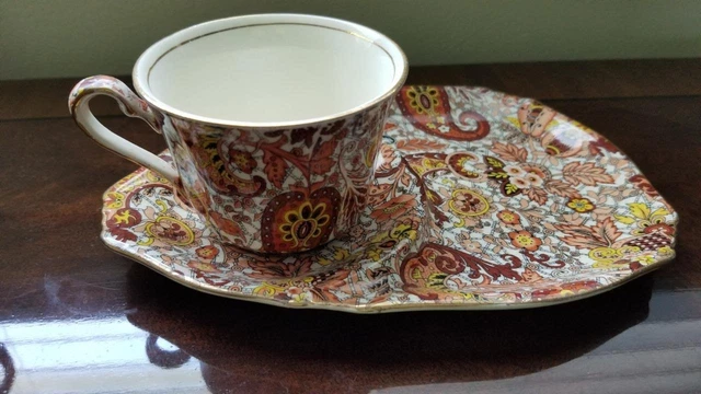 Lovely Vintage Royal Winton Grimwades Rust Chintz Paisley Cup Saucer Tennis Set