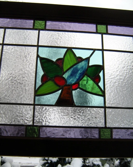 large leaded framed stained glass panel transom*antique wooden window decor art 11