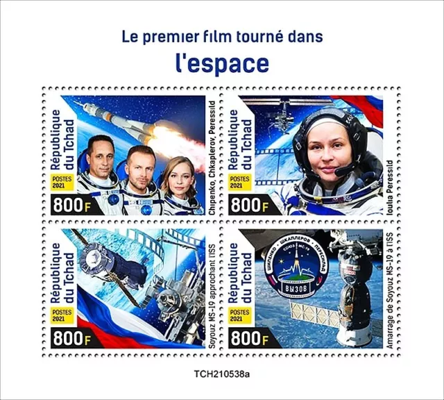 SOYUZ MS-19 Spaceflight FIRST MOVIE FILM Set in Space Stamp Sheet #1 (2021 Chad)