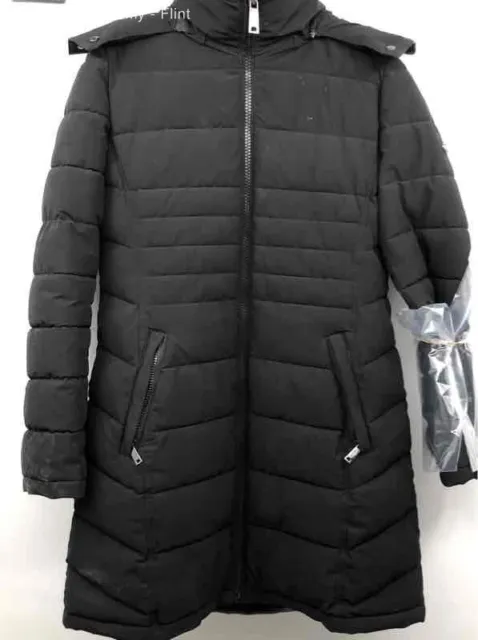 Calvin Klein Womens Black Fur Trim Hooded Stretch Winter Puffer Jacket Size L