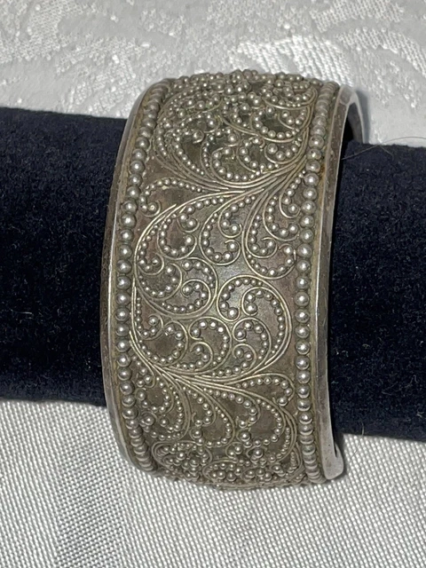 Lois Hill Large Sterling Domed Cuff Bracelet With Scroll And Bead Work Lois Hill Large Sterling Domed Cuff Bracelet With Scroll And Bead Work