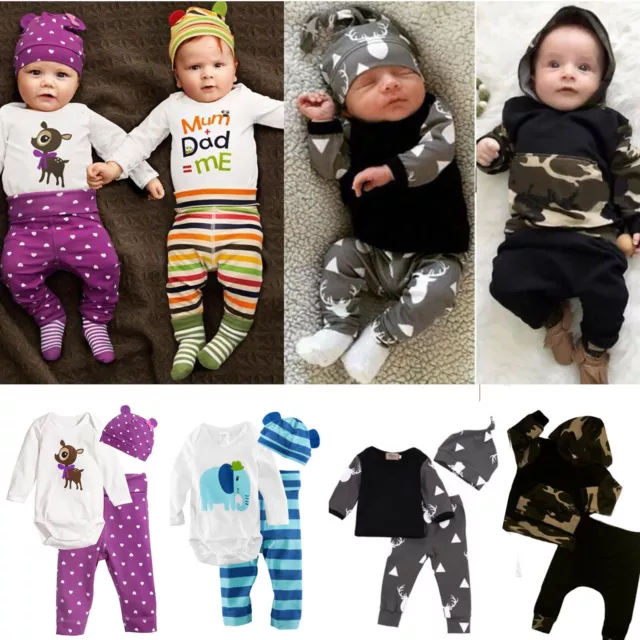 3Pcs/Set Newborn Kids Baby Girls Boys Romper Tops+Pants+Hat Set Clothes Outfits