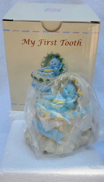 NOS Vintage My First Tooth Fairy Box Holder RUSS Baby Blue Bear in Bassinet
