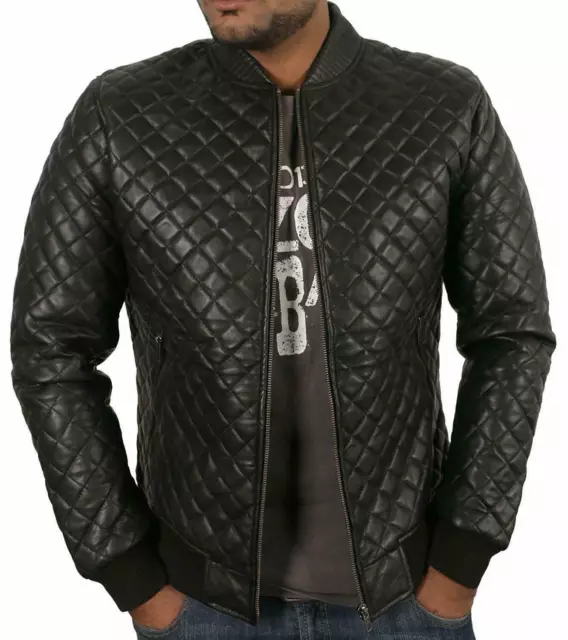 Mens Original Lambskin Quilted Leather Jacket Bomber Jacket Biker Black/Red Coat