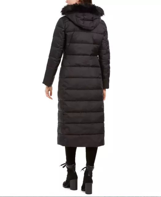 CALVIN KLEIN Womens Faux-Fur-Trim Hooded Maxi Puffer Coat XS Black 2