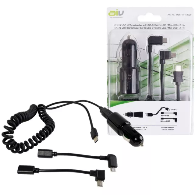 AIV KFZ 12V 24V USB-C Ladekabel + Lade-Adapter Mini Micro-USB Ladegerät PKW Auto