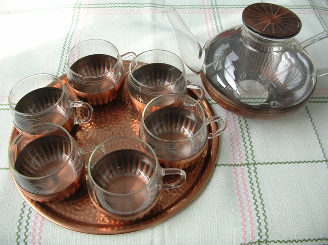 KULT !! KUPFER Teeservice Punsch Glühwein Rum-Groggservice Schott-Glas ...