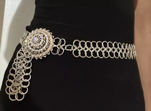 Vtg Metallic Statement Belt Rhinestone Flower Buckle Silver Toned Thai Wedding