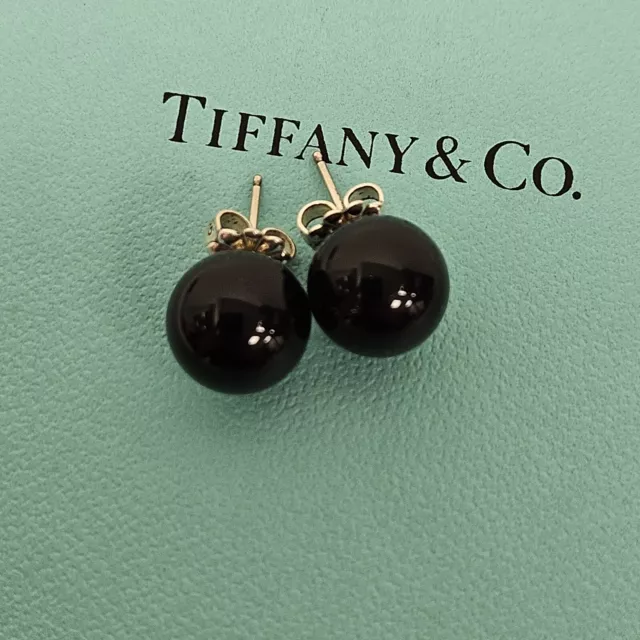 Tiffany Co Sterling Silver 10"mm Black Onyx  Ball Stud Ziegfeld Earrings 2