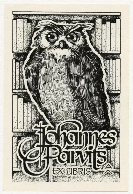 Owl and Books, Original Ex libris Bookplat by Arno Kalberg,  Estonia