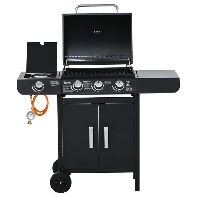 Gasgrill BBQ Grillwagen mit 4 Brennern Schrank Multifunktion Metall Schwarz
