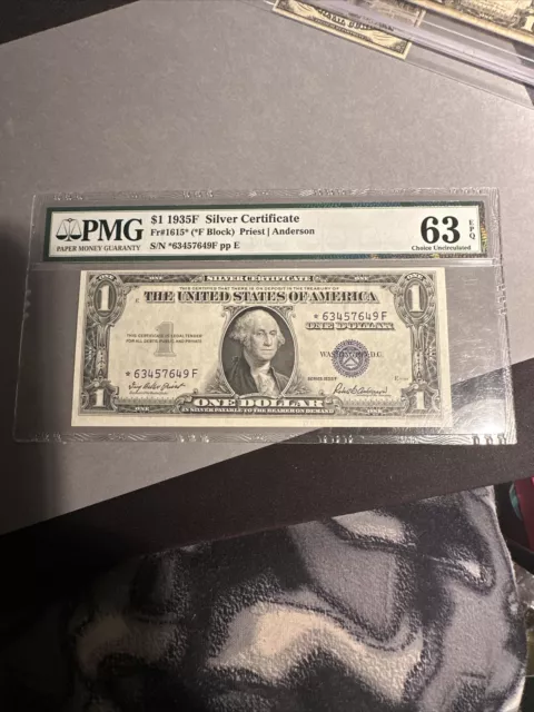 1935F $1 One Dollar Silver Certificate Star Note Blue Seal Pmg 63Epq Fr.1615*